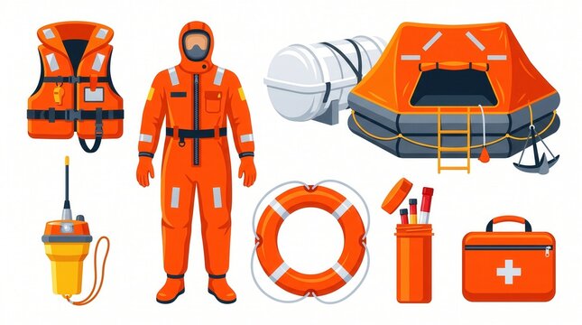 Emergency marine safety equipment, including life raft, immersion suit, lifebuoy, and signals