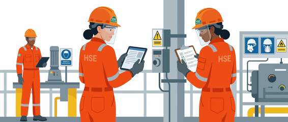 Fototapeta premium HSE workers in orange overalls inspecting industrial equipment, safety protocols, and digital tablets