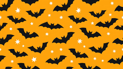 Fototapeta premium Halloween themed pattern with black bats and white stars on orange background for decoration and celebration