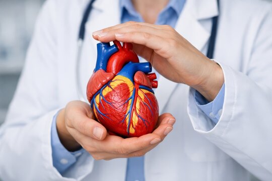 Doctor holding anatomical heart model for education. Ai generative