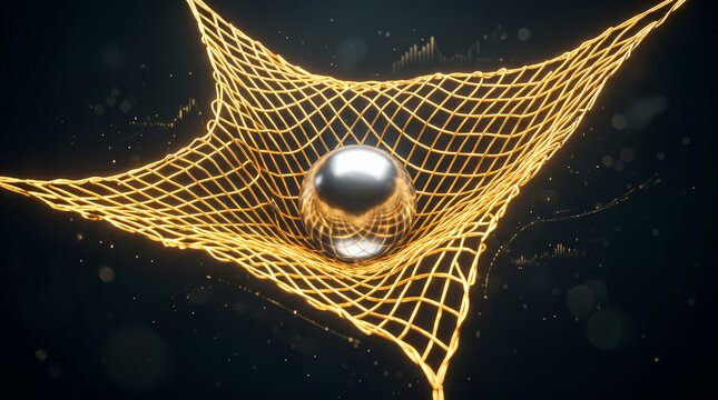 Abstract business concept with a polished silver sphere resting in a glowing golden wireframe net
