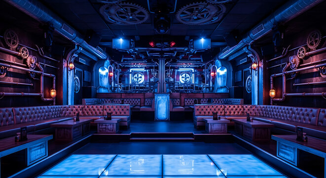 A dimly lit nightclub with a dance floor with featuring futuristic design blue lighting industrial elements