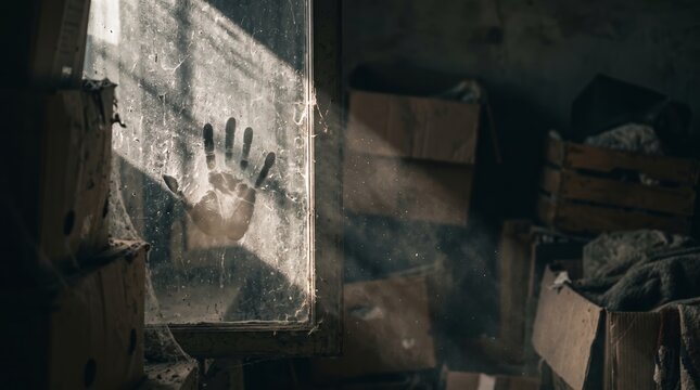 A dusty window with a mysterious handprint in an abandoned room filled with boxes. Concept of mystery, suspense, and abandonment suitable for horror and thriller themes. Generative AI