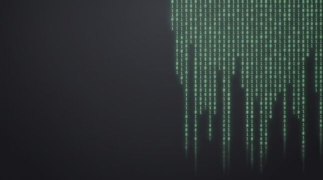 Falling green binary code matrix on dark grey background