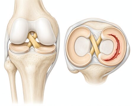 Meniscus tear bucket-handle knee cartilage diagram, orthopedic medical illustration -  diagram showing bucket-handle meniscus tear with medial and lateral menisci anatomy.