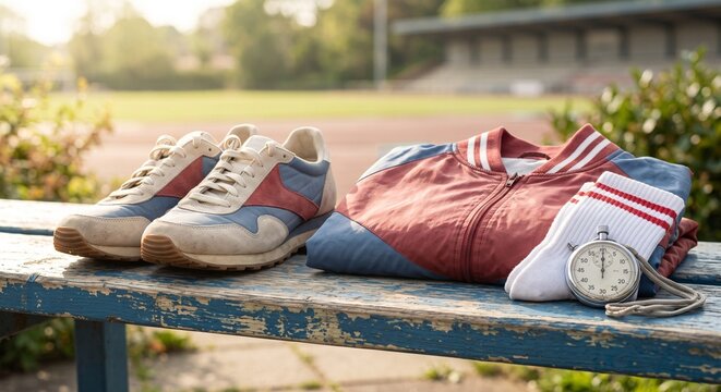 Product-style still life of retro athletic gear on a bench with sneakers, track jacket, socks, and stopwatch near an outdoor running track.