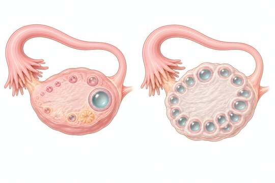 PCOS polycystic ovary comparison diagram, gynecology endocrinology medical illustration - diagram comparing normal ovary vs polycystic ovary showing multiple peripheral follicles and enlarged stroma.