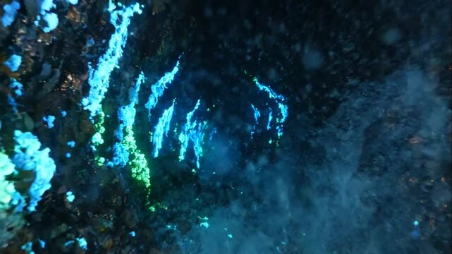 Bioluminescent organisms in dark water.