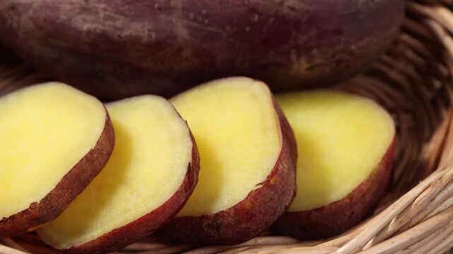 Sliced Sweet Potatoes in a Wicker Basket	