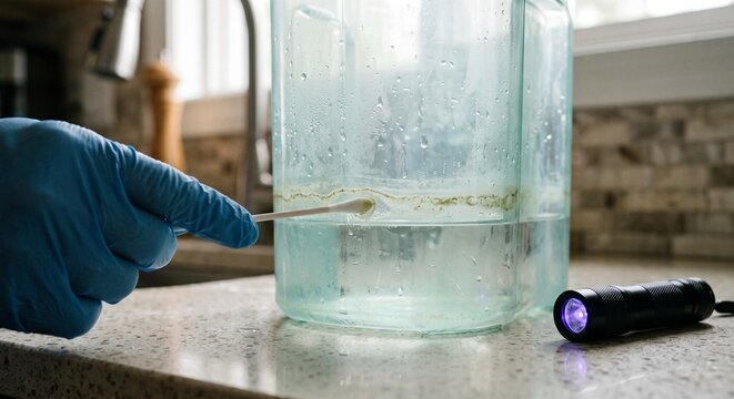 Close-up of a gloved hand swabbing residue inside a water-filled glass jar on a kitchen counter, with a flashlight nearby. Concept for home water safety and contamination testing.