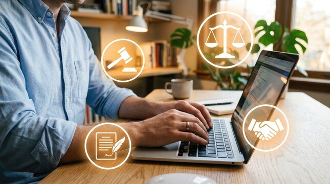 Legal expert working on computer with law and justice icons for legal services and consulting