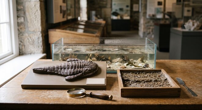 Fossil specimen on a display table with tools and sediment tray in a museum exhibit room. Educational geology and paleontology concept.