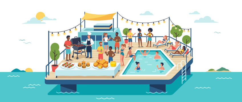 Summer Pool Party BBQ on Floating Deck with Diverse People Enjoying Food and Swimming