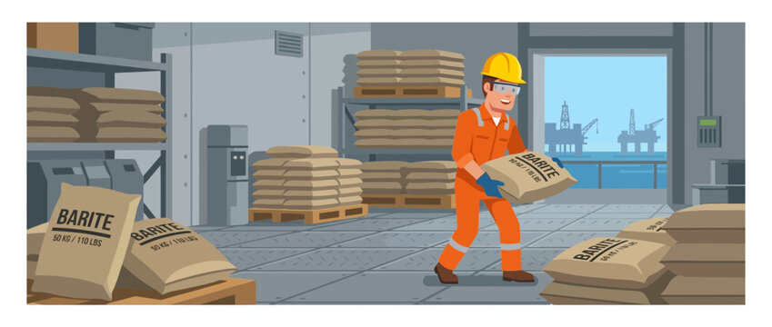 Oil worker carrying barite bags in warehouse with offshore rigs visible through window
