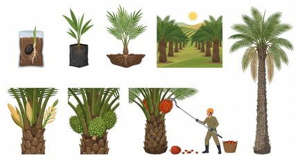 Fototapeta premium Oil palm growth: seed, seedling, fruit harvest by worker