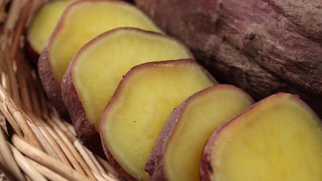 Sliced Sweet Potatoes in a Wicker Basket