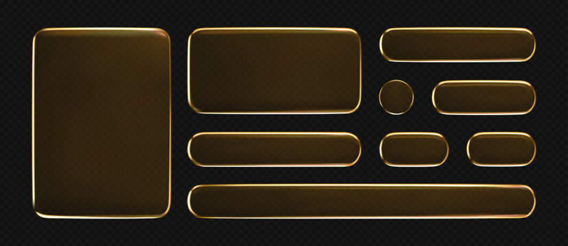 3D orange liquid glass buttons with transparent neon futuristic effect, isolated on dark background. Yellow liquid glass frame, UI UX elements for phone app or game interfaces. 3D tech digital vector