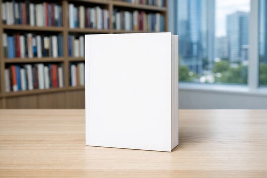 Blank book on wooden desk in bright library interior. Ai generative