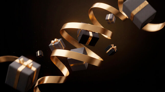 Elegant gold ribbon and gift boxes on black for a Black Friday sale promotion banner