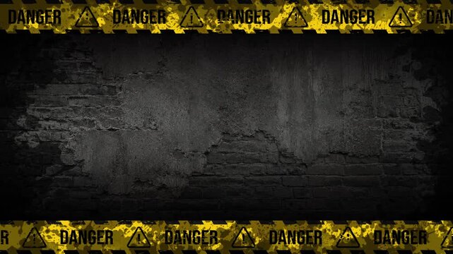 Looping Industrial Danger Tape Border Animation with Distressed Warning Pattern on Concrete Wall Background 4K 60 fps