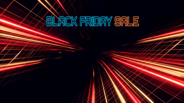 Glowing neon Black Friday sale text over a red light grid tunnel background