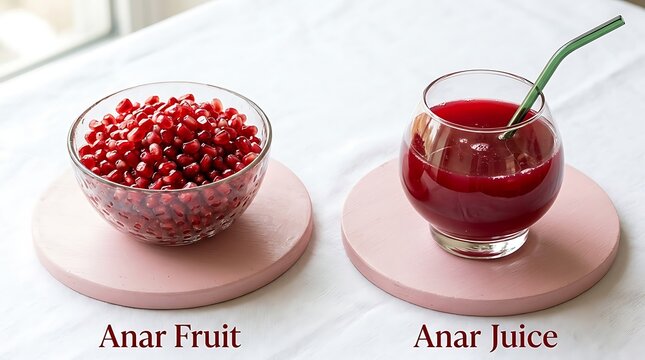 A clear bowl filled with fresh pomegranate seeds alongside a glass of deep red pomegranate juice