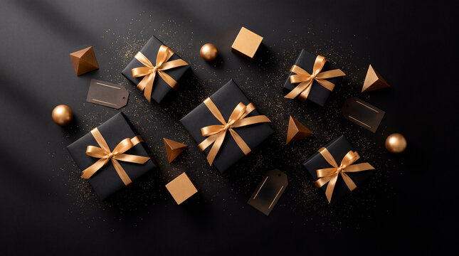 Flat lay of elegant black gift boxes with gold bows for a Black Friday sale