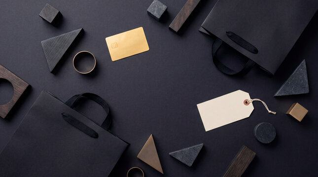 Dark minimalist flat lay with a gold card and price tag for a Black Friday sale