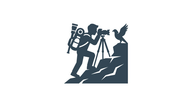 Silhouette illustration of a wildlife photographer taking pictures of a bird on a mountain.