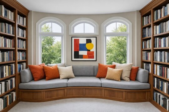 Bright home library interior with cozy curved sofa and bookshelves. Ai generative