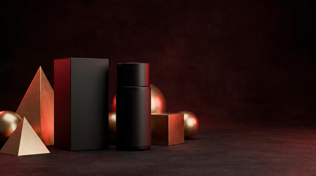 Dark red product podium with geometric shapes for a Black Friday sale display