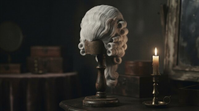 Vintage powdered wig on a wooden stand with a burning candle