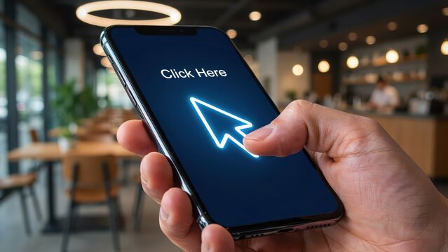 Person holding a smartphone with a click here button and cursor on the screen