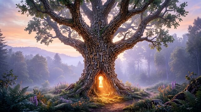 Magical Ancient Oak Tree Composed of Keys with Glowing Amber Keyhole