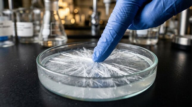 Dedo &iacute;ndice con guante  se&ntilde;alando cristales blancos en placa de Petri