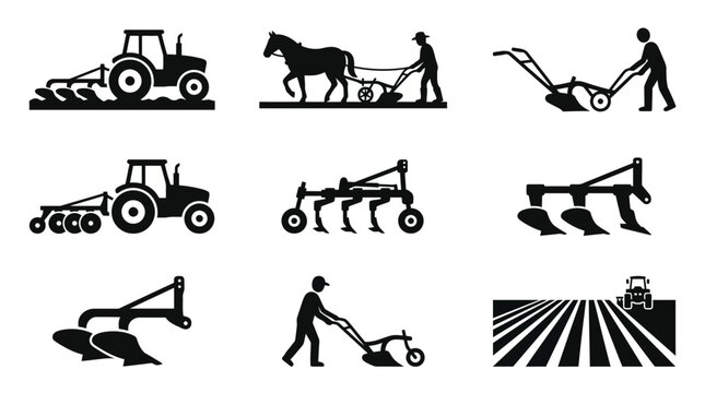 Tractors and farming equipment icons.