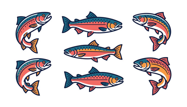 A collection of salmon fish set against a white background. Perfect for an emblem or label design. Vector illustration.