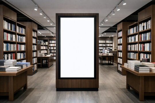 Blank poster display in modern library interior."" Ai generative