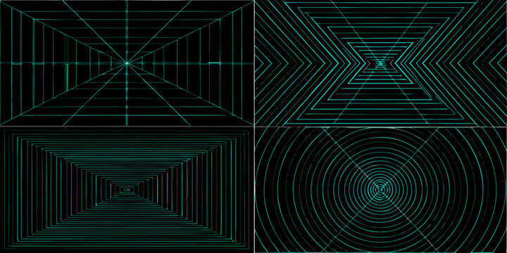 Cyan Teal 3d Grid Panels With Concentric Lines And Perspective