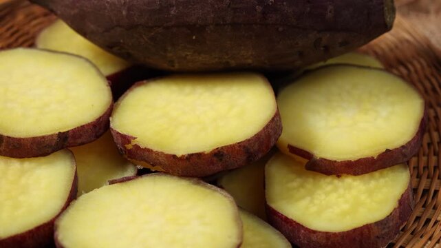 Sliced Sweet Potatoes in a Wicker Basket