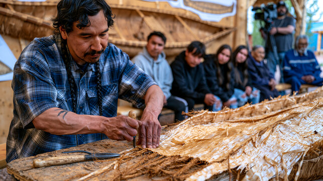 Indigenous craft demonstrator teaching traditional birchbark canoe stitching to youth group at outdoor cultural heritage center, awl and spruce root materials on workbench, historical vessel templat