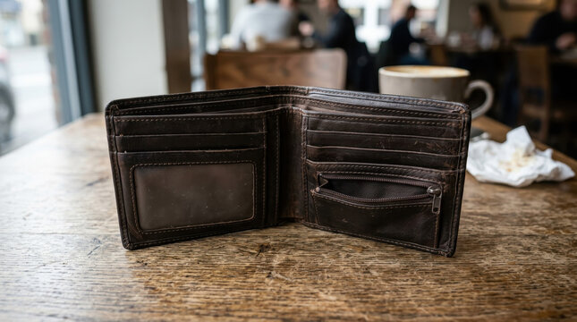 Empty brown leather wallet on wooden table indoors