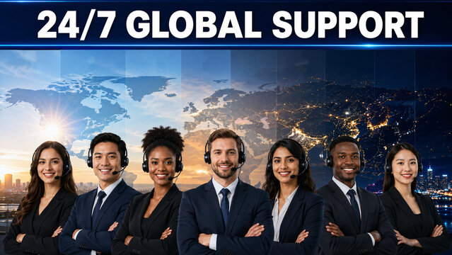 Diverse customer support team with headsets standing over world map banner with "24/7 GLOBAL SUPPORT" text