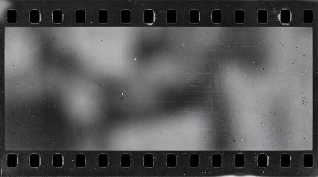 Vintage film strip frame with sprocket holes, blurry grayscale abstract background, analog photography texture for design