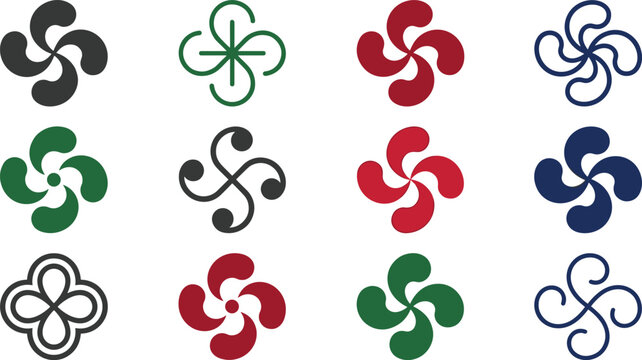 Basque Lauburu Cross Icon Set with Traditional Celtic and Lauburu Cross Symbols for Cultural Heritage Logos Graphic Design and Vector Elements