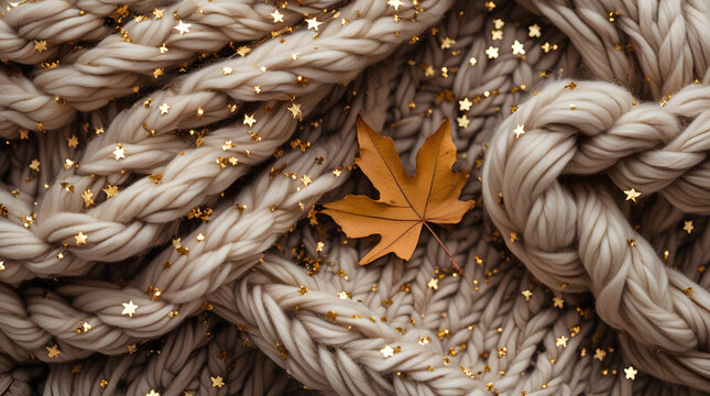 Abstract autumn macro texture, close-up of a high-quality chunky knit blanket with soft golden sparkles and a single dry orange maple leaf, cozy hygge banner.