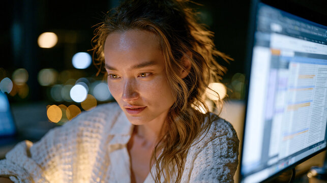 Night-shift paralegal illuminated by monitor reviewing thousands of electronically produced documents applying relevance codes, privilege log maintenance, discovery deadline pressure, e-discovery pl
