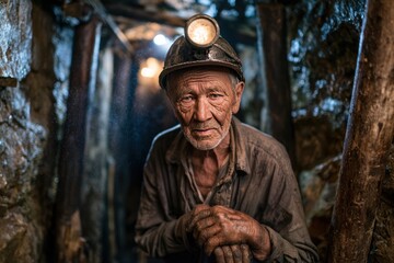 Fototapeta premium Old miner in hard hat, looking directly at camera, dark underground mine tunnel