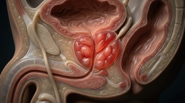 Anatomical male organ: prostate gland, pelvic structure, urinary system, glandular inflammation, urethra channel, bladder organ, zonal morphology, disease process, clinical visualize, human body.