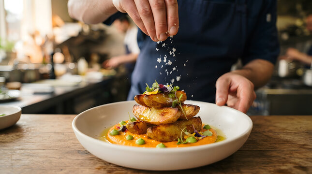 Gourmet Seasoning: A chef meticulously seasons a beautifully plated dish of roasted potatoes with a sprinkle of flaky sea salt, adding the final touch of culinary artistry to a vibrant meal.